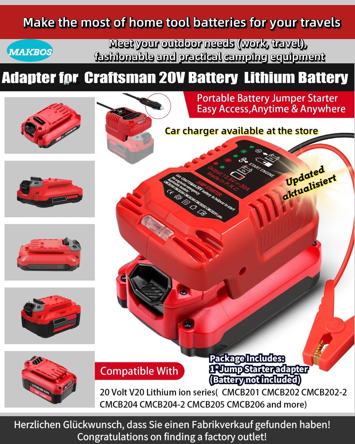 Adaptador de arranque de coche para batería Craftsman de 20 V, motores de gasolina de hasta 3.5 L o diésel de 6.5 L, batería portátil de arranque de coche de 12 V, cables de arranque de batería para