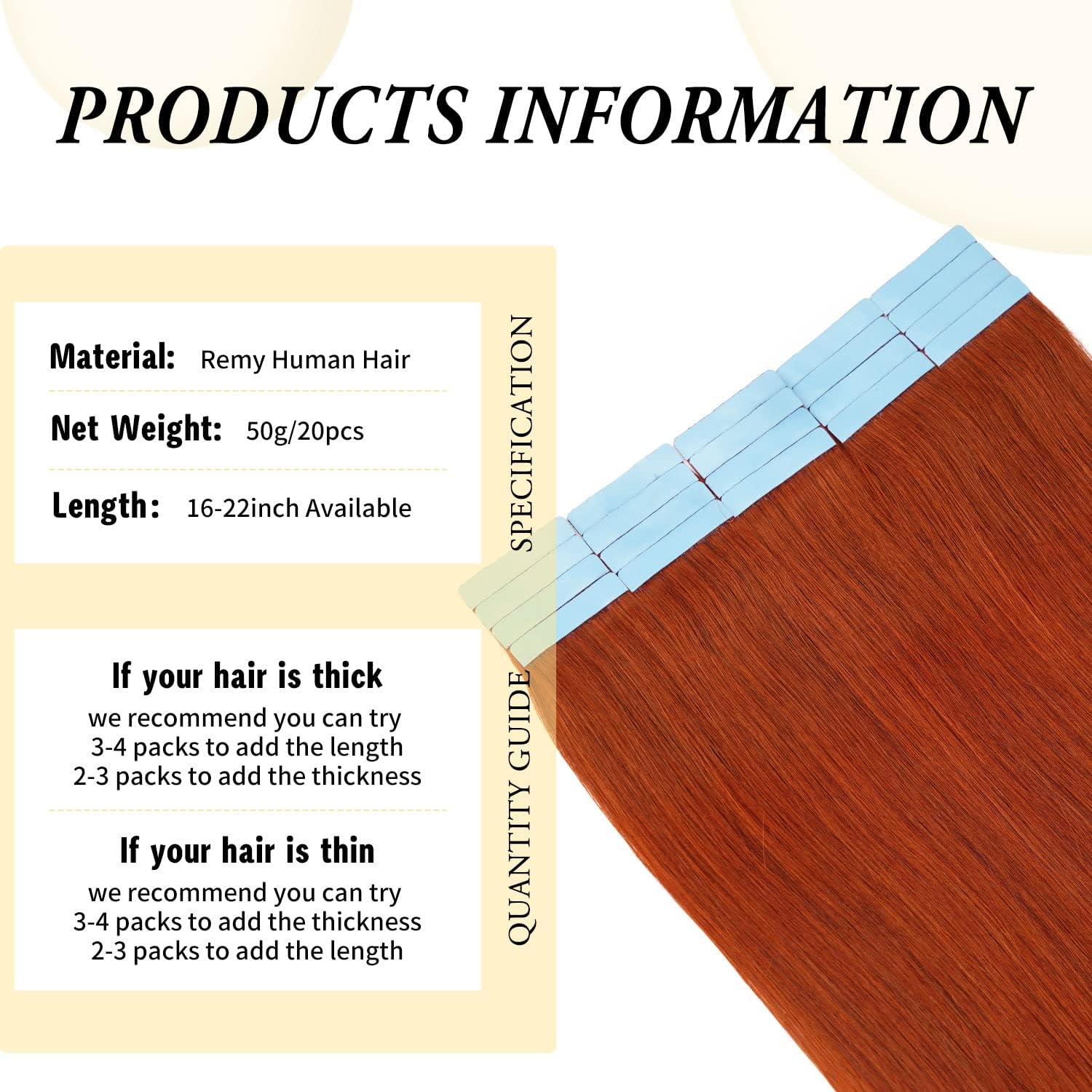 20 Inch Tape in Hair Extensions Human Hair Invisible Straight Tape Hair Extensions for Women 20 Pcs/50g Seamless Skin Weft #350 Cooper Rad Real Hair Extension Tape ins Human Hair