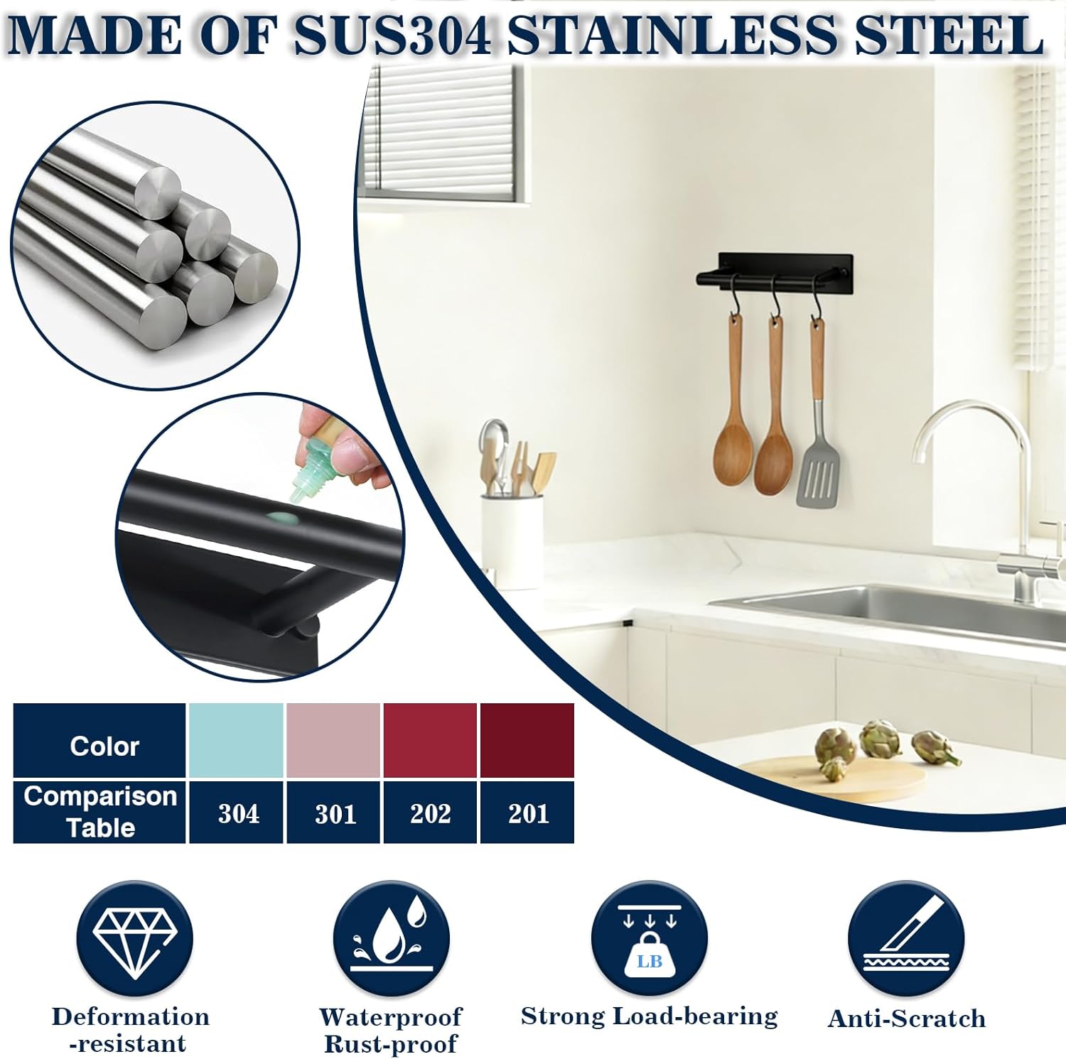 Alise Adhesive Towel Bar Black,Towel Racks for Bathroom Wall Mounted,Bathroom Towel Rack SUS304 Stainless Steel,Towel Holder for Kitchen/Bathroom Hardware Decoration,Sticky or Screw-Mounted,8 Inch - Image 4