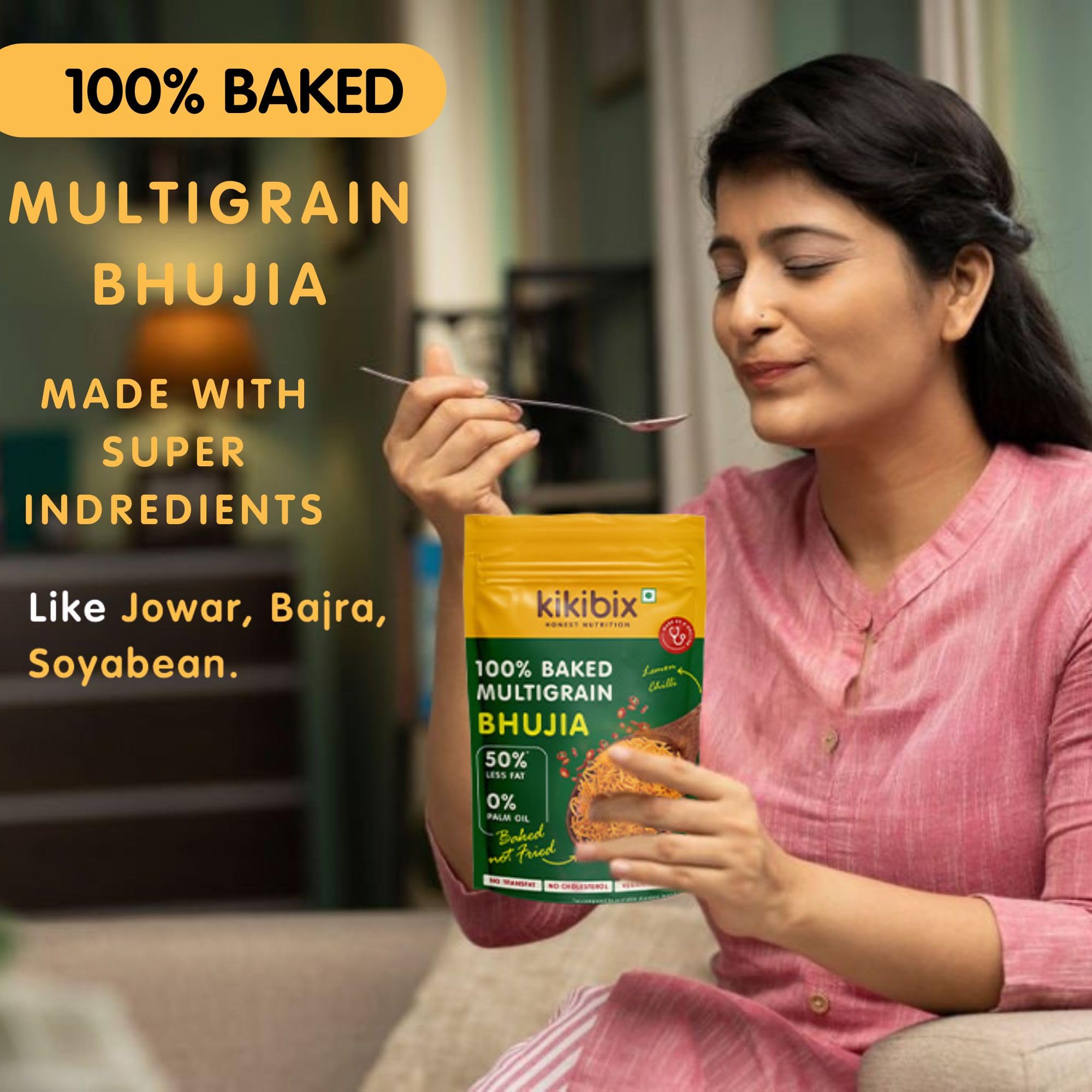 Kikibix Baked Chatpata Bhujia Healthy Snacks & Namkeen for diabetics, Low Fat, Low Calories, High Protein Bhujiya Diet Mixture- lemon Chilli Flavor No Palm Oil, Baked Not Fried (Pack of 2) - Image 4 thumbnail