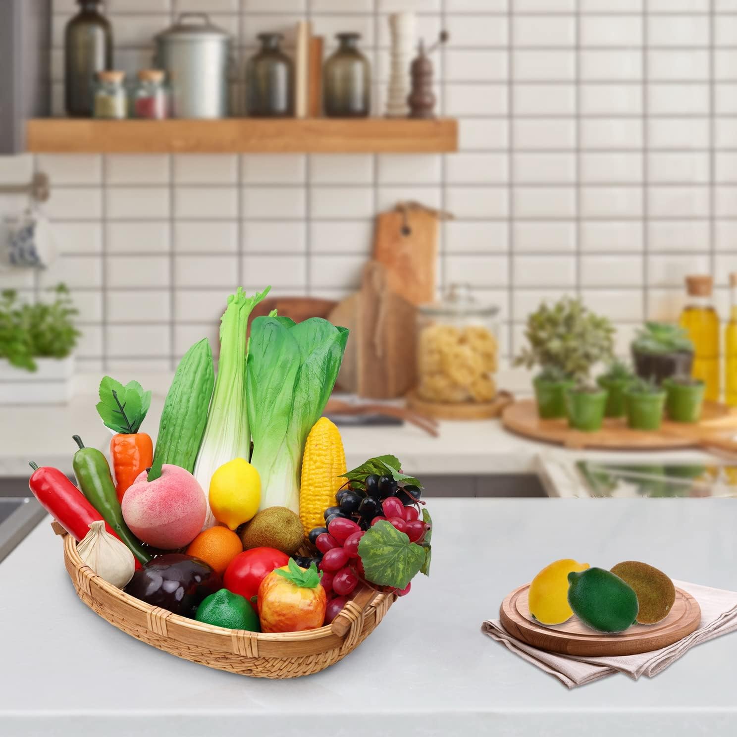 Woration 18pcs Artificial Simulation Fruits Vegetables Decoration Home Fake Grape Peach Strawberry Orange Lemon Kiwi Realistic Corn Celery Peppers Carrots Garlic Tomatoes