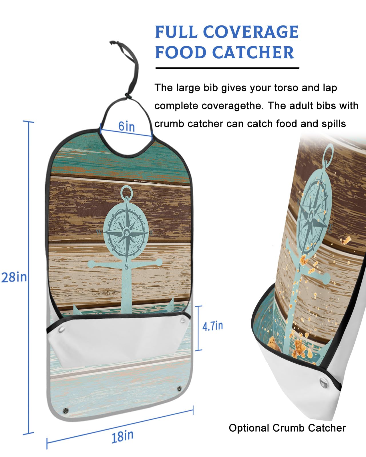 Teal Brown Wood Adult Bibs for Eating, Waterproof Bibs with Food Catcher & Adjustable Snap Closure, Rustic Beach Nautical Anchor Ocean Coastal Clothing Protectors Adult Bibs for Elderly Women/Men