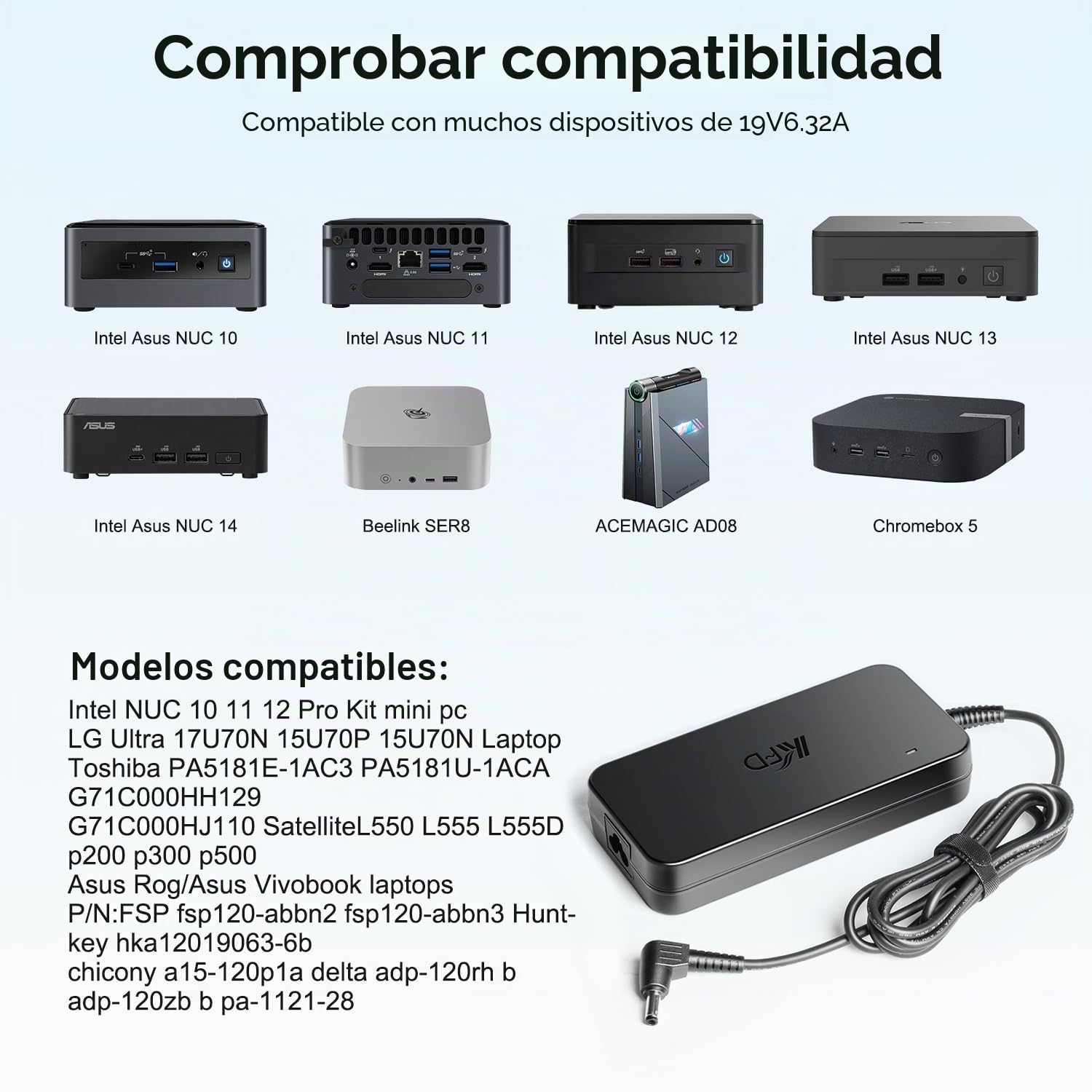 KFD 19V 6,32A 120W Adaptador Cargador Portátil para FSP FSP120-ABBN2 FSP120ABBN2 NUC11TNKi7 NUC12WS[x] v5 NUC12WS[x] i5 NUC11TN[x] v5 NUC11TN[x] i5 NUC10i7FN[x] A15-120P1A, Inogen One G2 G3 G4 BA-301