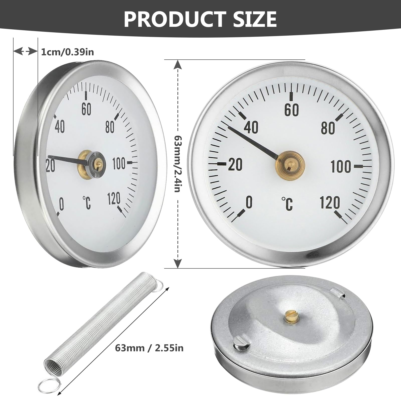 6 Stück Anlegethermometer Heizungsrohr, 63 mm Bimetall Industrielles Rohrthermometer, 0-120 °C anlege-zeigerthermometer mit Clip-On Feder für Heizkörperrohrtemperatur, Heim & Industrie
