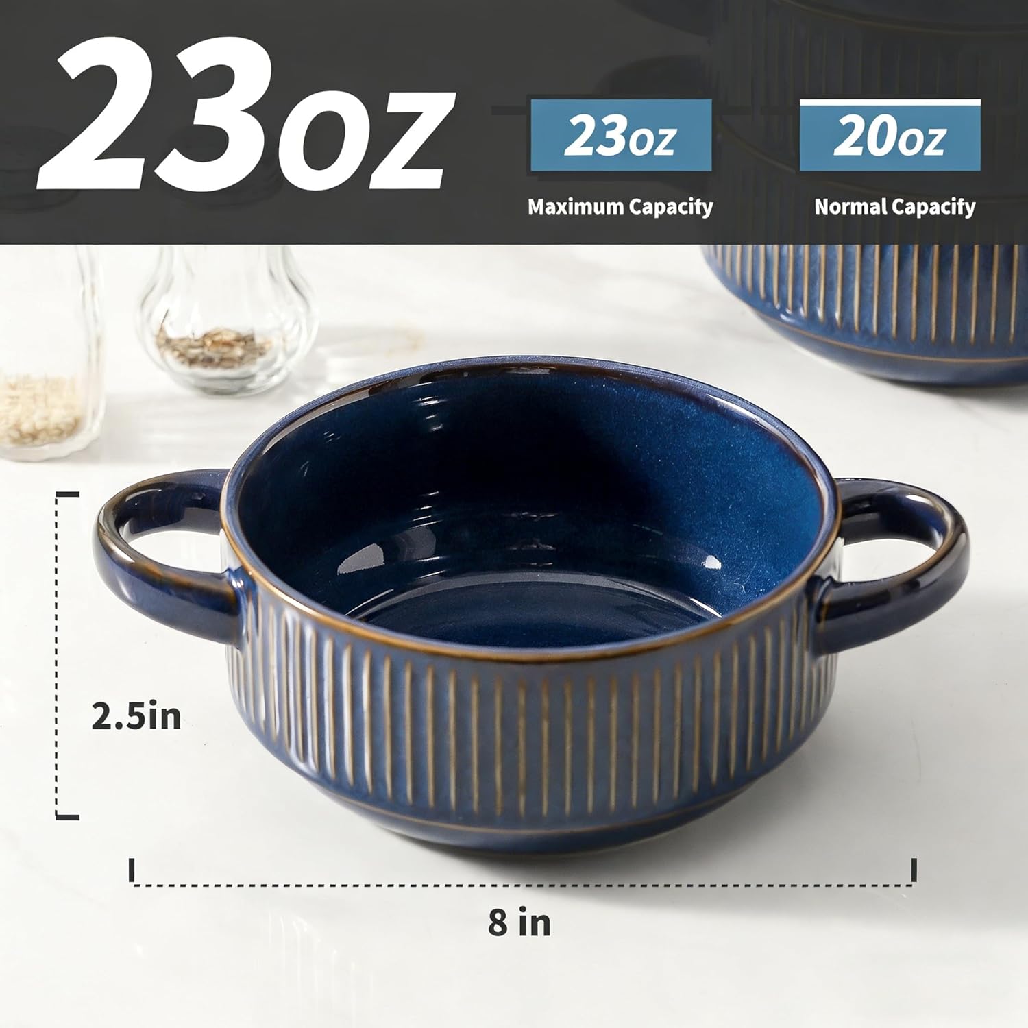 Soup Bowls with Handles, 23 oz French Onion Soup Crocks, Stackable Soup Bowl Oven Safe for Chili, Beef Stew, Embossment Ceramic Bowl Set - 5.4 Inch, Set of 4,Blue