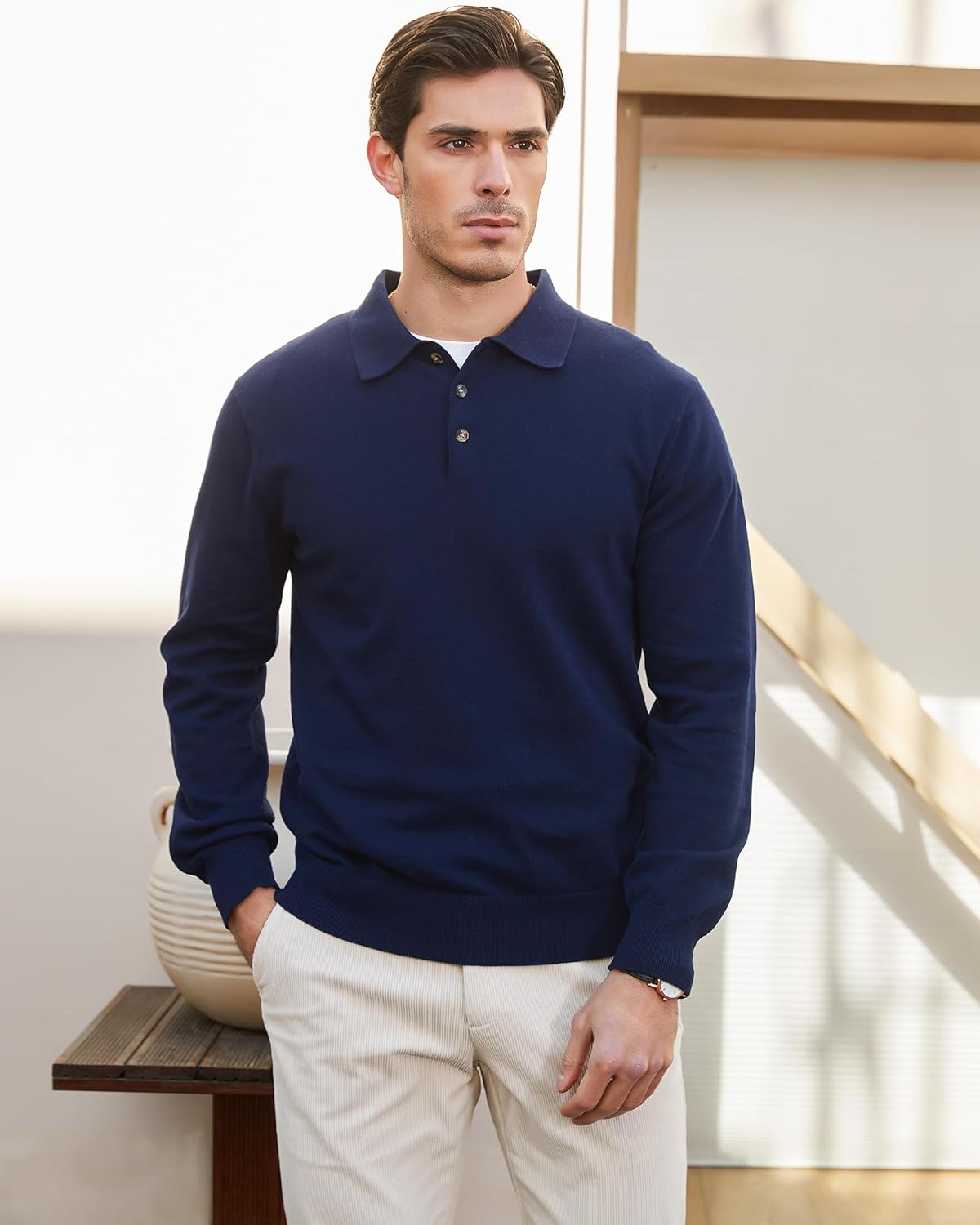 Kallspin Men's Cotton Knit Polo Sweater Classic Casual Long Sleeve Collared Pullover Sweater - Image 5