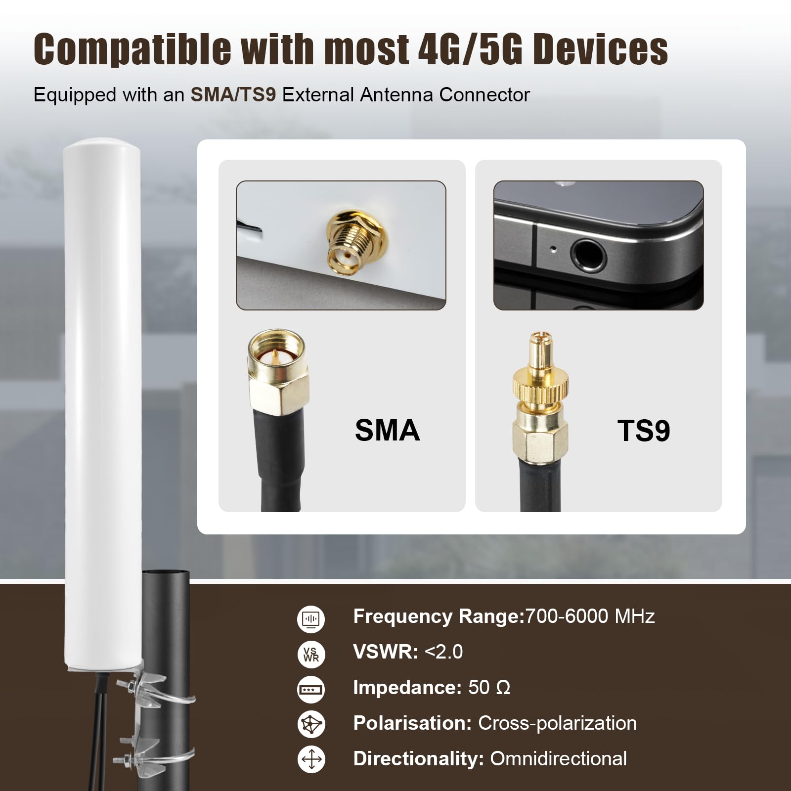 High Gain 4,5dBi 4G 5G Antenne Externe 700-6000MHz 2X2 MimoAntenne LTE 5G NR Mobile Antenne Extérieure Connecteur SMA avec 2 × 5M Câble Coaxial à Faible Perte/TS9