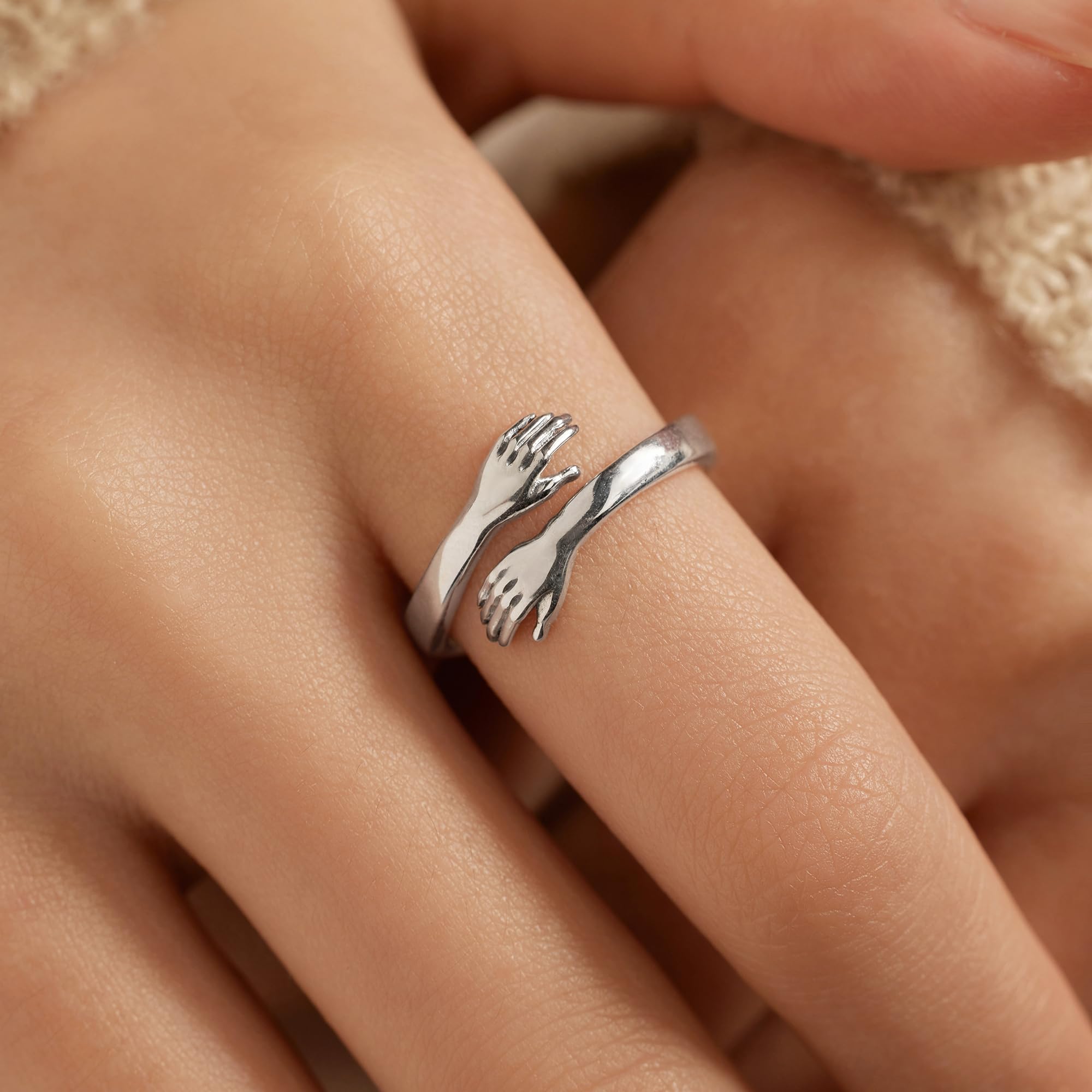 LOVECOM Anillos de abrazo de plata de ley S925 para mujeres, adolescentes, niñas, ajustables, abrazar, anillo abierto para hombres, anillos de promesa, joyas de cumpleaños, regalo para papá, US Size 6