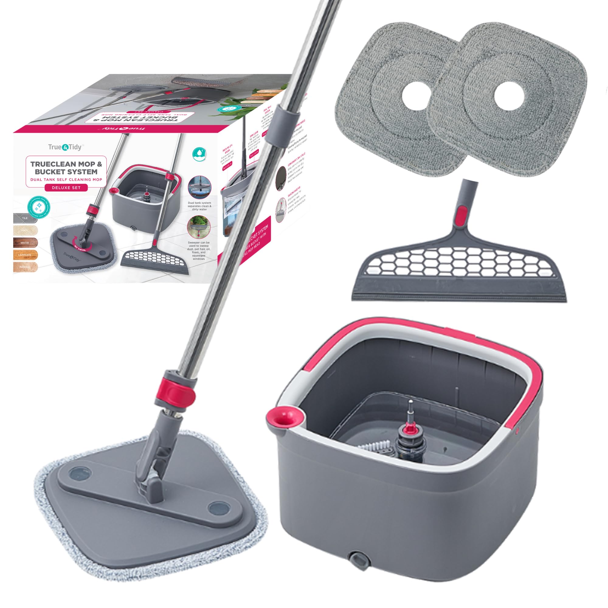 True & Tidy SPIN-800 TrueClean system mopa i wiadra, samonastawny mop spinningowy z oddzielnymi przegródkami na czystą i brudną wodę (różowy)