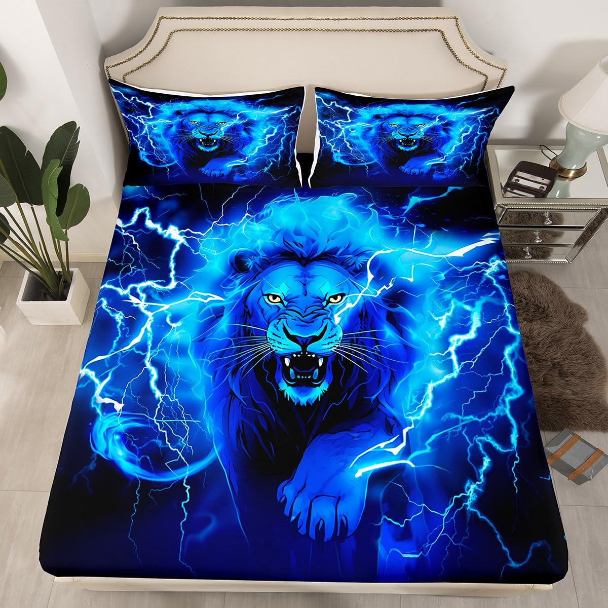 Manfei Lion Kids Fitted Sheet Double Size, Blue Lightning Lion Bed Cover, Wild Animal Theme Bedding Set for Boys Girls Adults Bedroom Decor, Lightweight Bedding, 2 Pillowcases