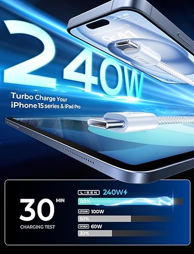 Miniatura 9 de LISEN Cable de carga USB C a USB C de 240 W para iPhone 15MacBook ProAir 3.3 pies2 unidades, cable de carga rápida USBC a USBC para iPhone