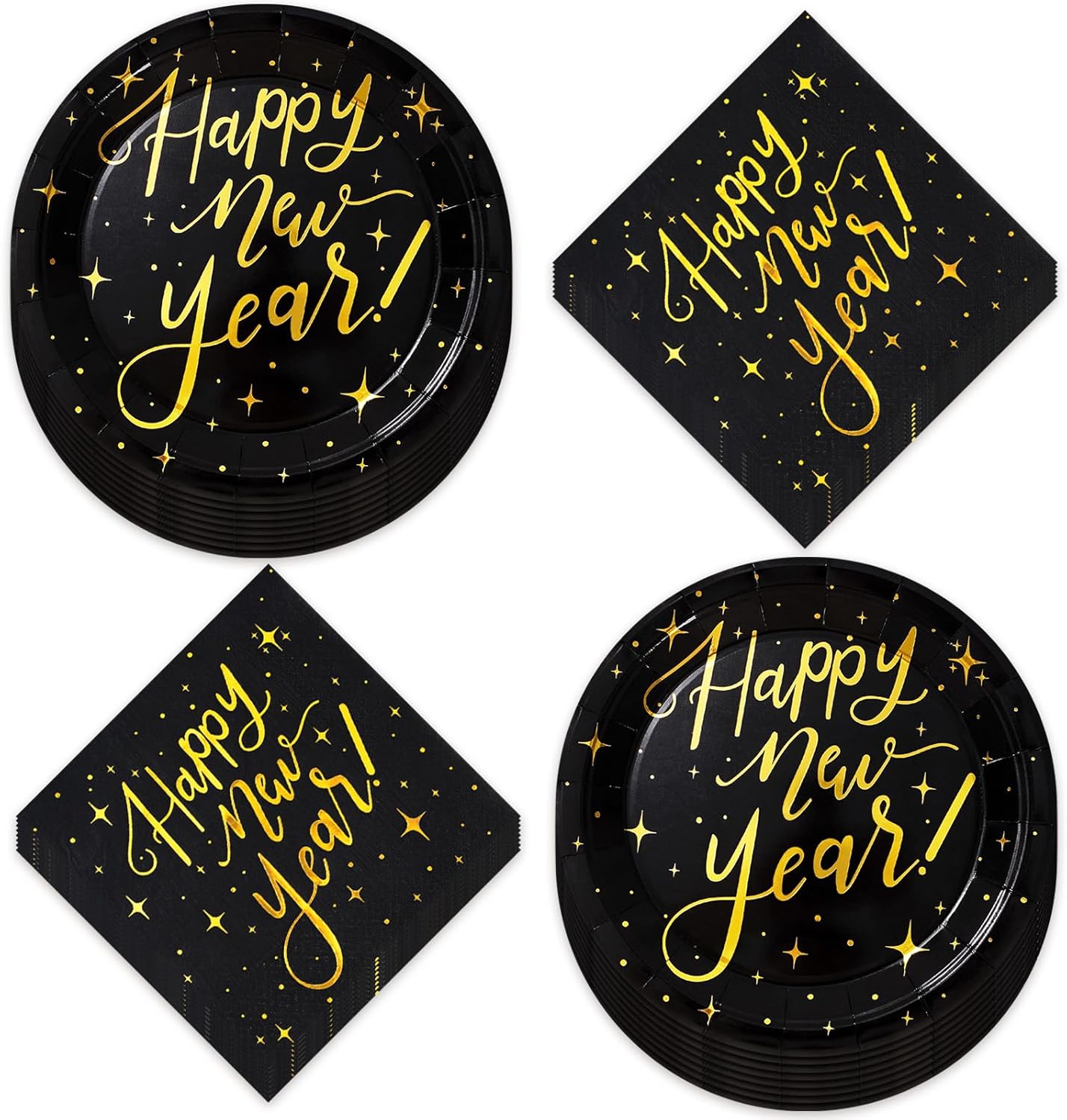 Whaline Happy New Year Party Supplies Tableware Set 50Pcs Black Gold Disposable Dinnerware Set New Year Disposable Plates Napkins for New Year's Eve Party Celebration Supplies Decorations