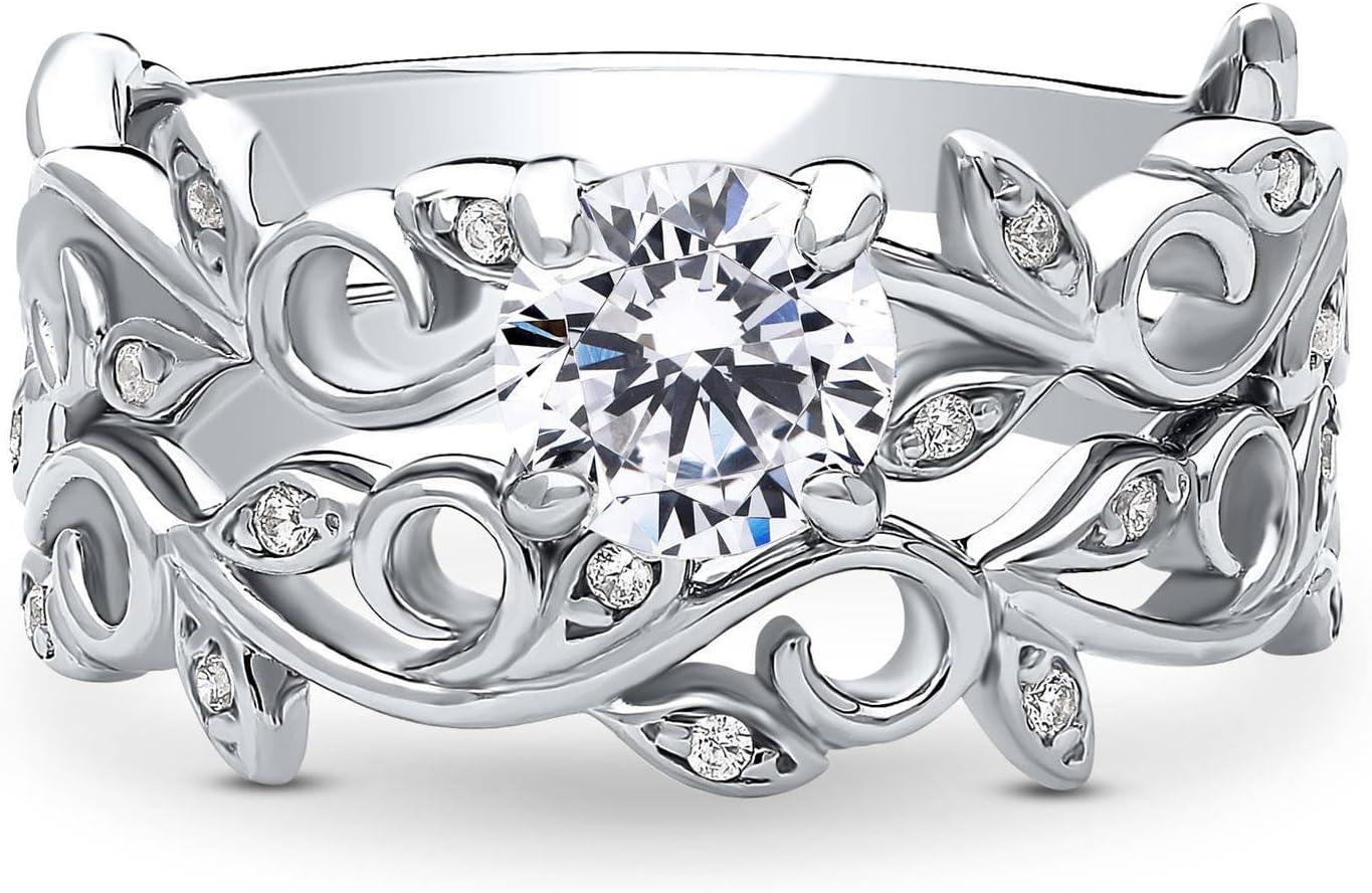 BERRICLE Sterling Silver CZ Solitaire Vine Leaf Wedding Engagement Promise Rings Set for Women, Stackable Cubic Zirconia Band Ring 1-3 Piece Set - Princess, Round Cut