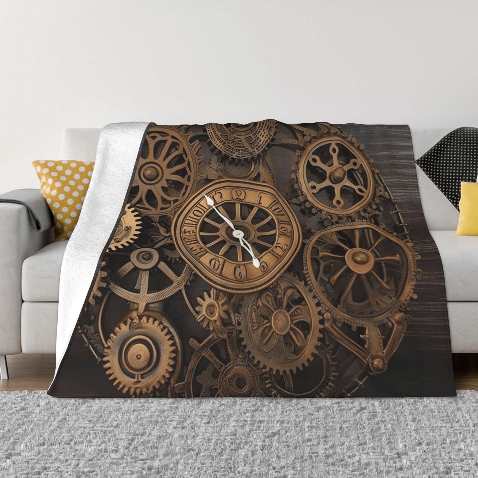 FodPand Steampunk Gears Clock Fleece Blanket 80"x60" Lightweight Warm Throw Blanket for Bed Couch Cozy Air Conditioning Quilt All Seasons Decorative Fuzzy Blankets Gifts for Women Men