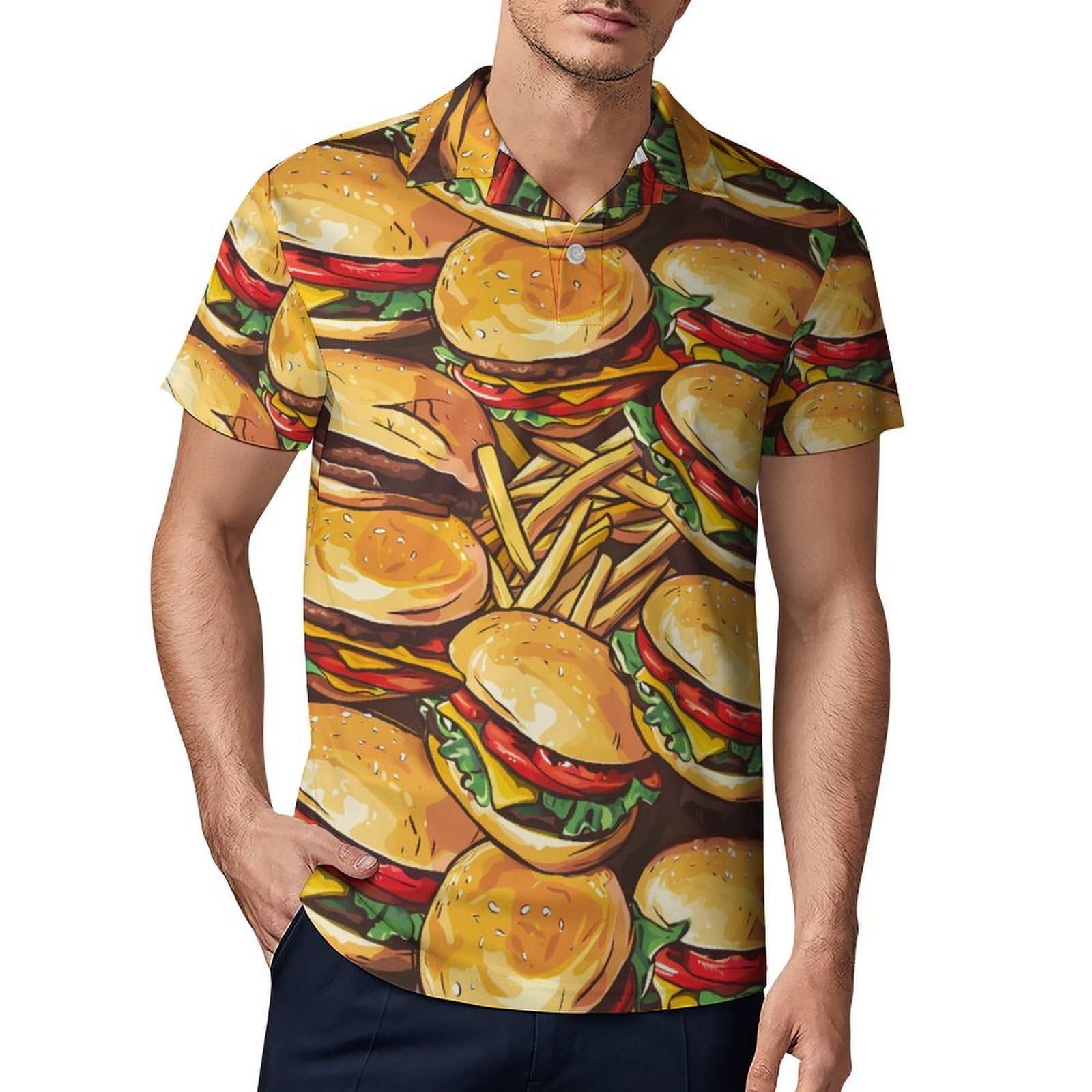 Hamburgers French Fries Novelty Men's Short Sleeve Shirts Funny Golf Tennis Work T-Shirt Sport Tee S