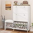 DWVO Farmhouse Shoe Storage Cabinet with Shoe Bench, Entryway Shoe Storage with 2 Flip Drawers for 16 Pairs, Narrow Slim Shoe Cabinet for Entryway, Living Room, Hallway (Embossed White)
