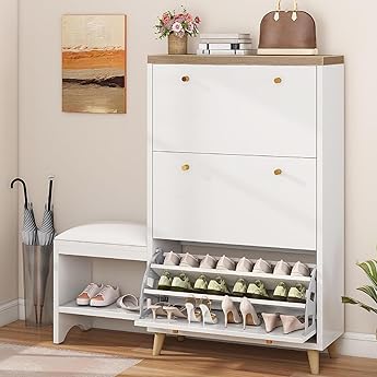DWVO Farmhouse Shoe Storage Cabinet with Shoe Bench, Entryway Shoe Storage with 2 Flip Drawers for 16 Pairs, Narrow Slim Shoe Cabinet for Entryway, Living Room, Hallway (Embossed White)