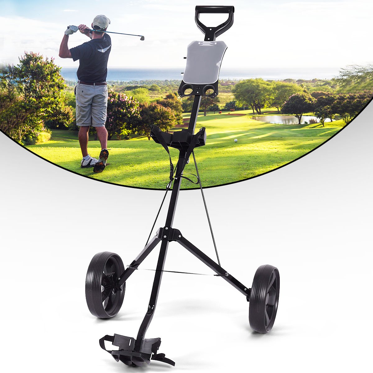 RELAX4LIFE Carrello da Golf Pieghevole, con 2 Ruote Flessibili e Tabellone Segnapunti, Leggero con Struttura Stabile e Maniglia Comoda, Nero, 140 x 63,5 x 113 cm