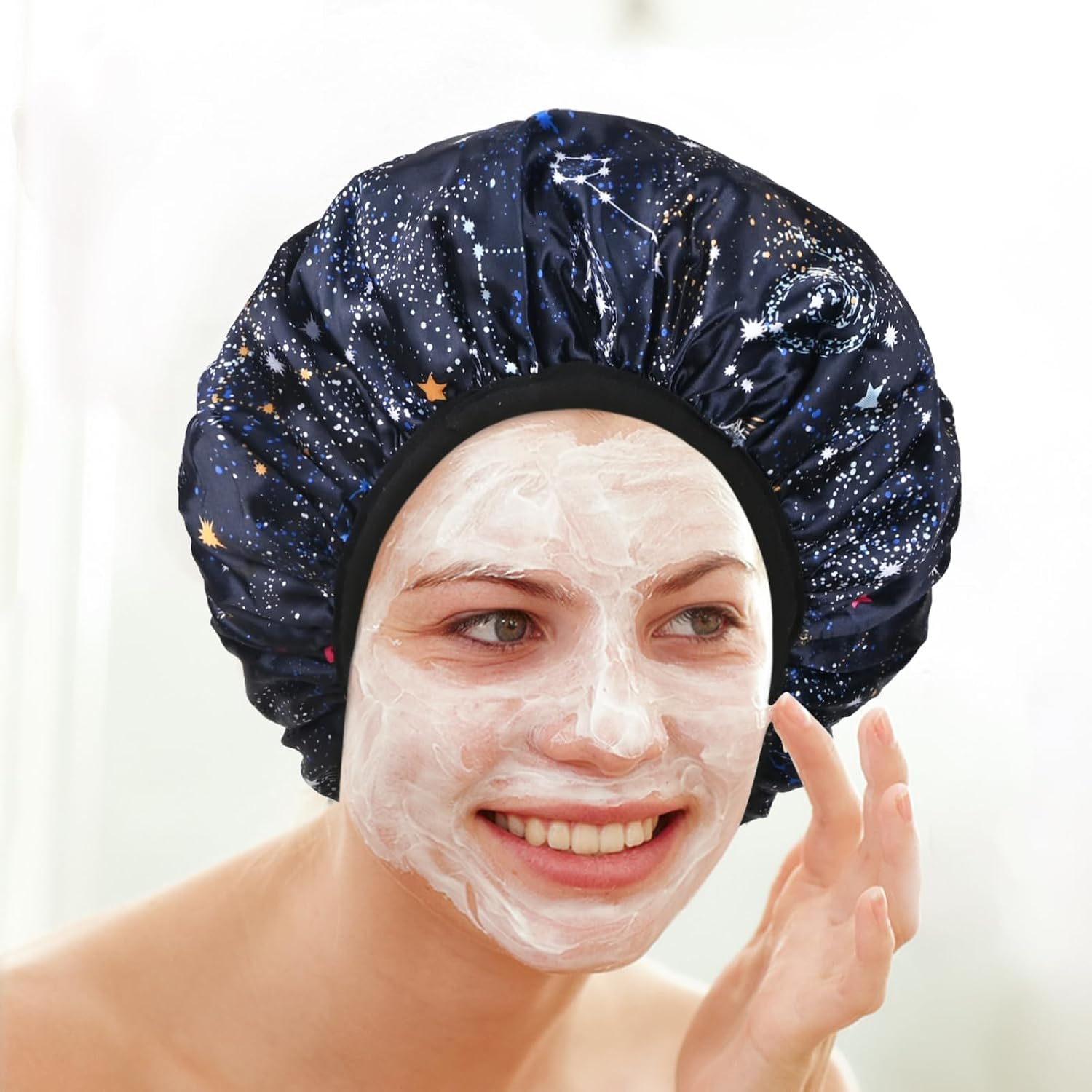 Navy Astral Print Satin Shower Cap, Three-Layer Terry Cloth Lined, with Silk Hair Ties, Microfiber Waterproof Reusable Large Size Shower Cap for Women Long Thick Hair