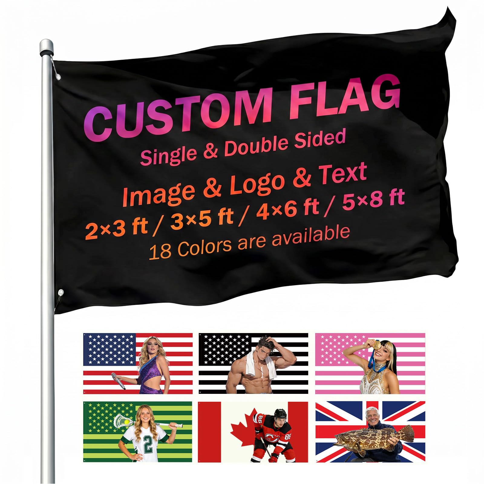 Infiher Custom Flags with Picture Text - Make Your Own Flag for Indoor Outside - 2×3 3×5 4×6 5×8 Ft Customisable Funny Tapestry Banner Flags for Room Dorm Club Bar Garden Party Festivals Decor(Black) — image 1