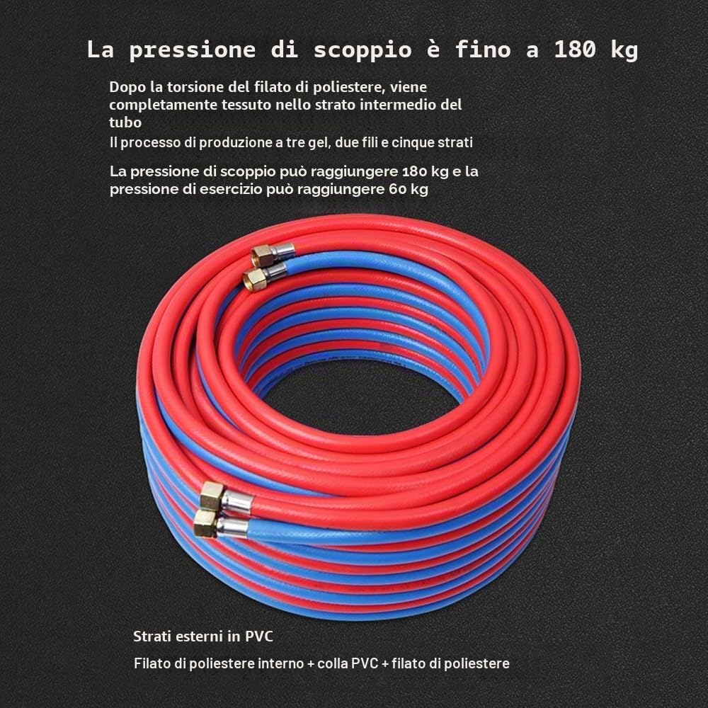 Tubo doppio industriale per ossigeno acetilene, tubo per saldatura a gas ad alta pressione da 8 mm con connettori in ottone M16, set di tubi da taglio rosso e blu (dimensioni: 5 m)