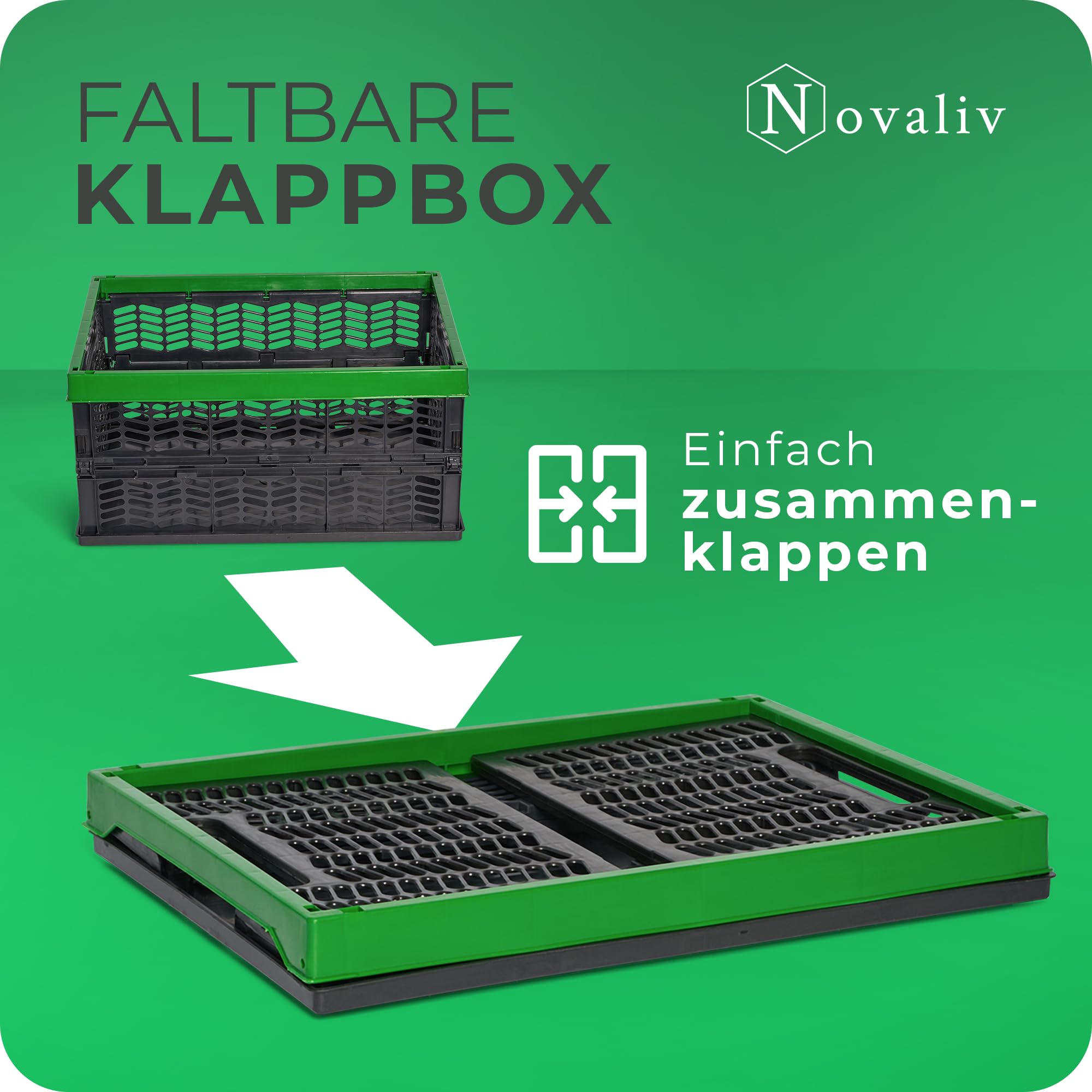 Novaliv Klappboxen faltbar stabil 6x 30L Grün Schwarz baskets Einkaufskiste Klappkisten Set Tragebox Aufbewahrung Einkaufskörbe Körbe Aufbewahrung Küche