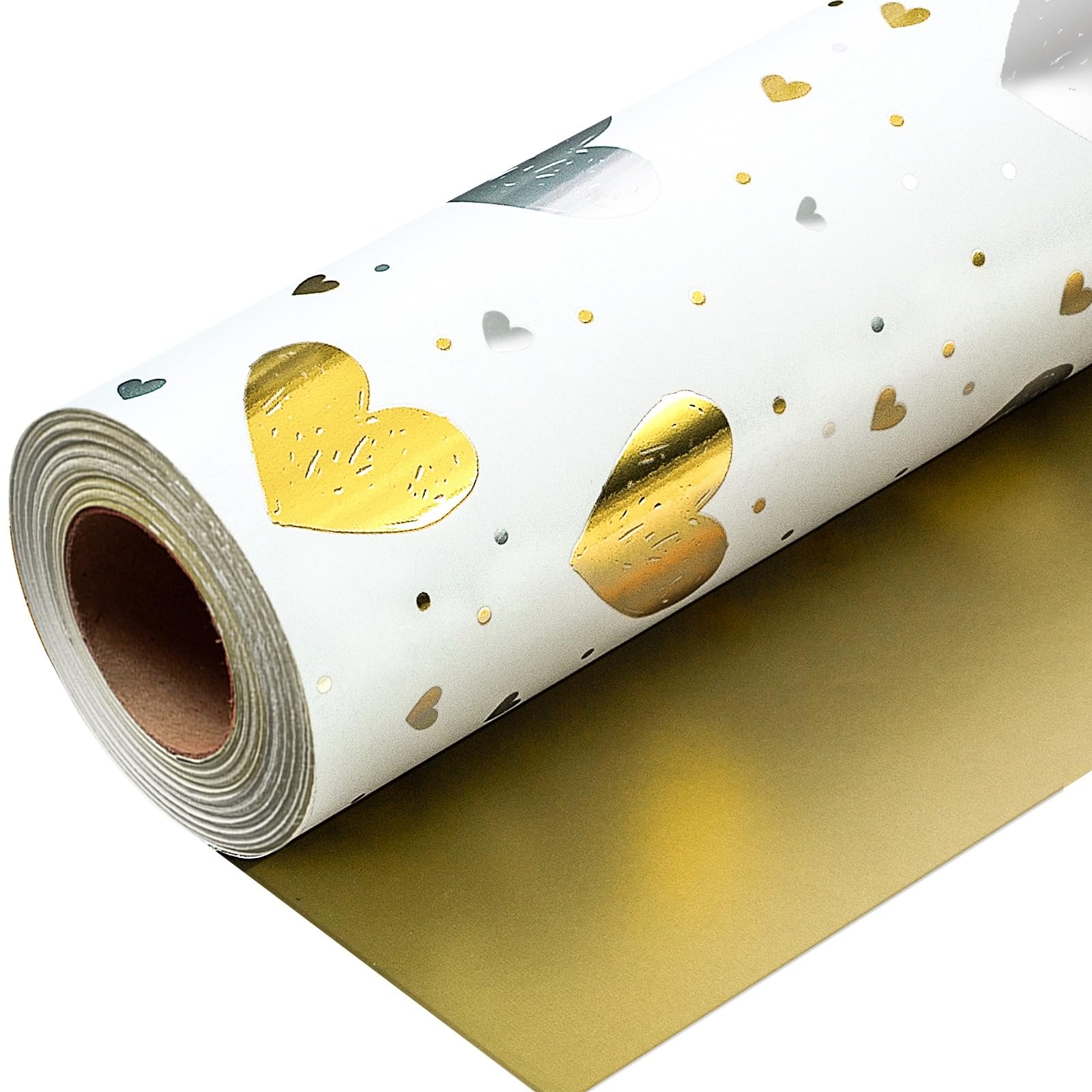 Wikadlik Gold and Silver Heart Wrapping Paper Roll - 43cm x 10m White Gift Wrap Paper for Birthday, Valentines Day, Mothers Day, Fathers Day, Wedding, Graduation, Christmas — image 1