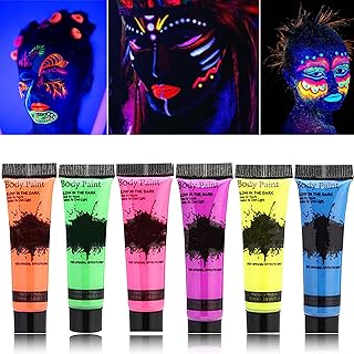 6 Pcs Glow in Dark Face Body Paint,Neon Fluorescent Blacklight Glow Face Makeup Set,Washable & Quicker Dry Neon Face Body Paint for Party Supplies