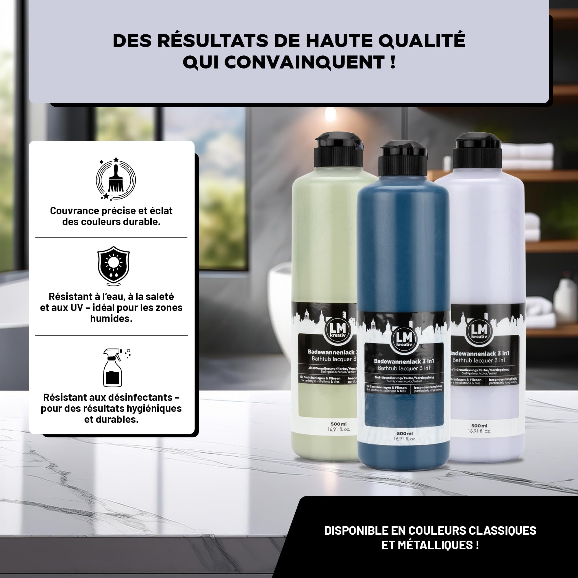 LM-Kreativ Peinture pour Baignoire 3 en 1 2K 500 ml - Bleu Fresco - Peinture pour Carrelage de Salle de Bain, Baignoires, Receveurs de Douche et Lavabos - Très Couvrante