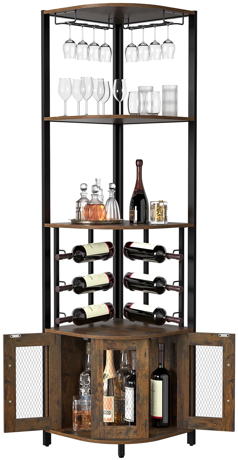 Mobile Bar Angolo con Portabicchieri, Armadio per Liquori e Vino a 4 Livelli con Porte in Rete Metallica, Armadio Buffet Portabottiglie con Kit Antiribaltamento per Bar a Casa, Conservazione