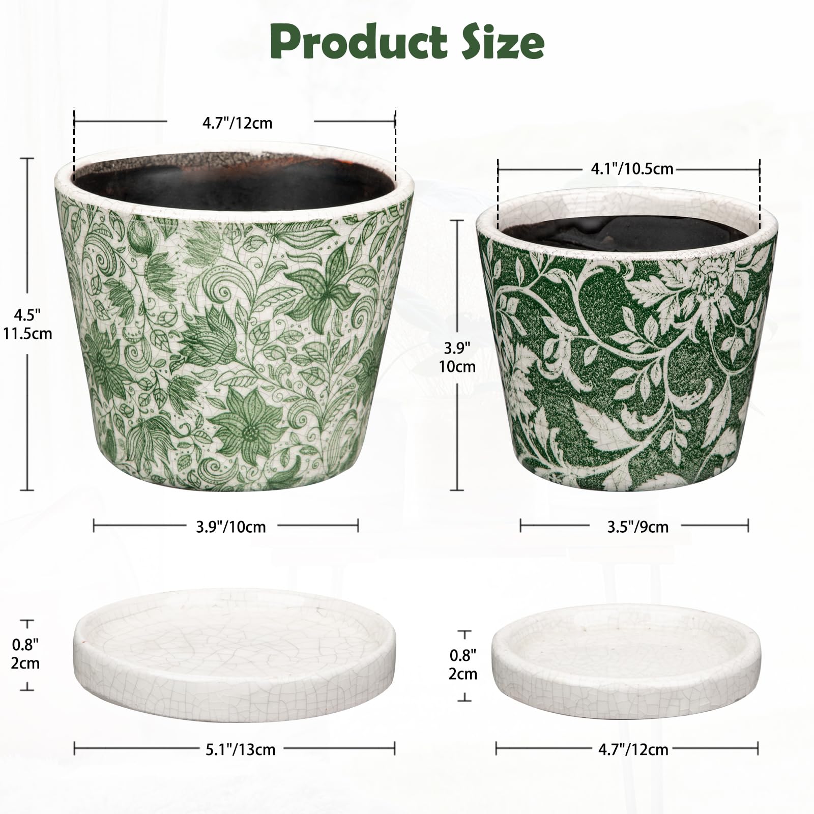 Oairse Set of 2 Green and White Ceramic Planter 12CM 10CM Ceramic Plant Pots Indoor with Drainage Holes and Saucers Tray Decorative Flower Pots Garden Pot for Succulent Cactus House Plants - Image 2