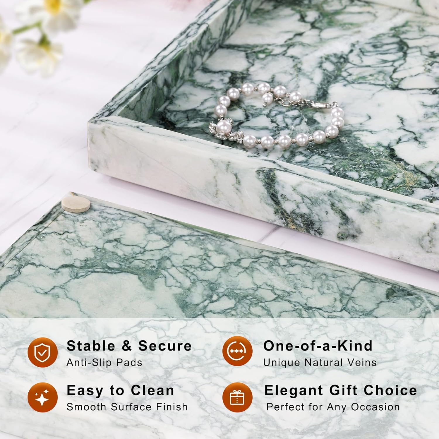 Marble Bathroom Tray for Countertop & Home Decor, Natural Decorative Marble Tray for Jewelry & Perfume Organizer, Luxury Stone Vanity Trays for Dresser, Kitchen Counter, 12" x 8", Jade Green - Image 2