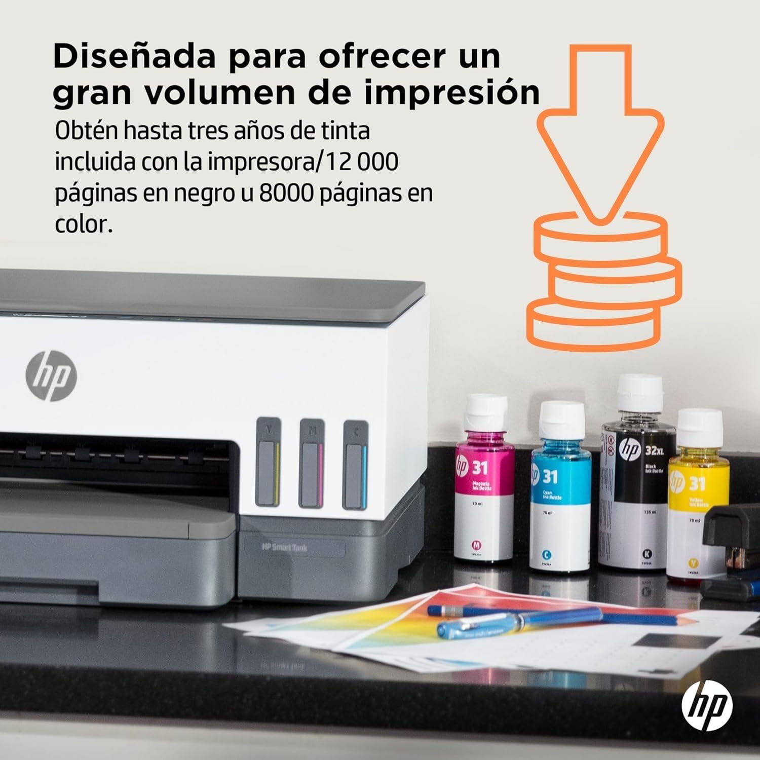 HP Smart Tank 7005 28B54A - Impresora A4 Multifunción con Deposito de Tinta Recargable, Impresión a Color, Escaner, Copiadora, Wi-Fi, Smart App, Blanca y Gris Oscuro