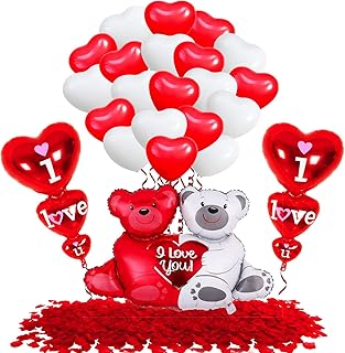 Huge, 40 Inch Teddy Bear Balloons Set - Pack of 23 | Red Rose Petals, Pack of 2000 | I Love You Balloons for Romantic Decorations Special Night | Red Heart Balloons for Valentines Day Decorations