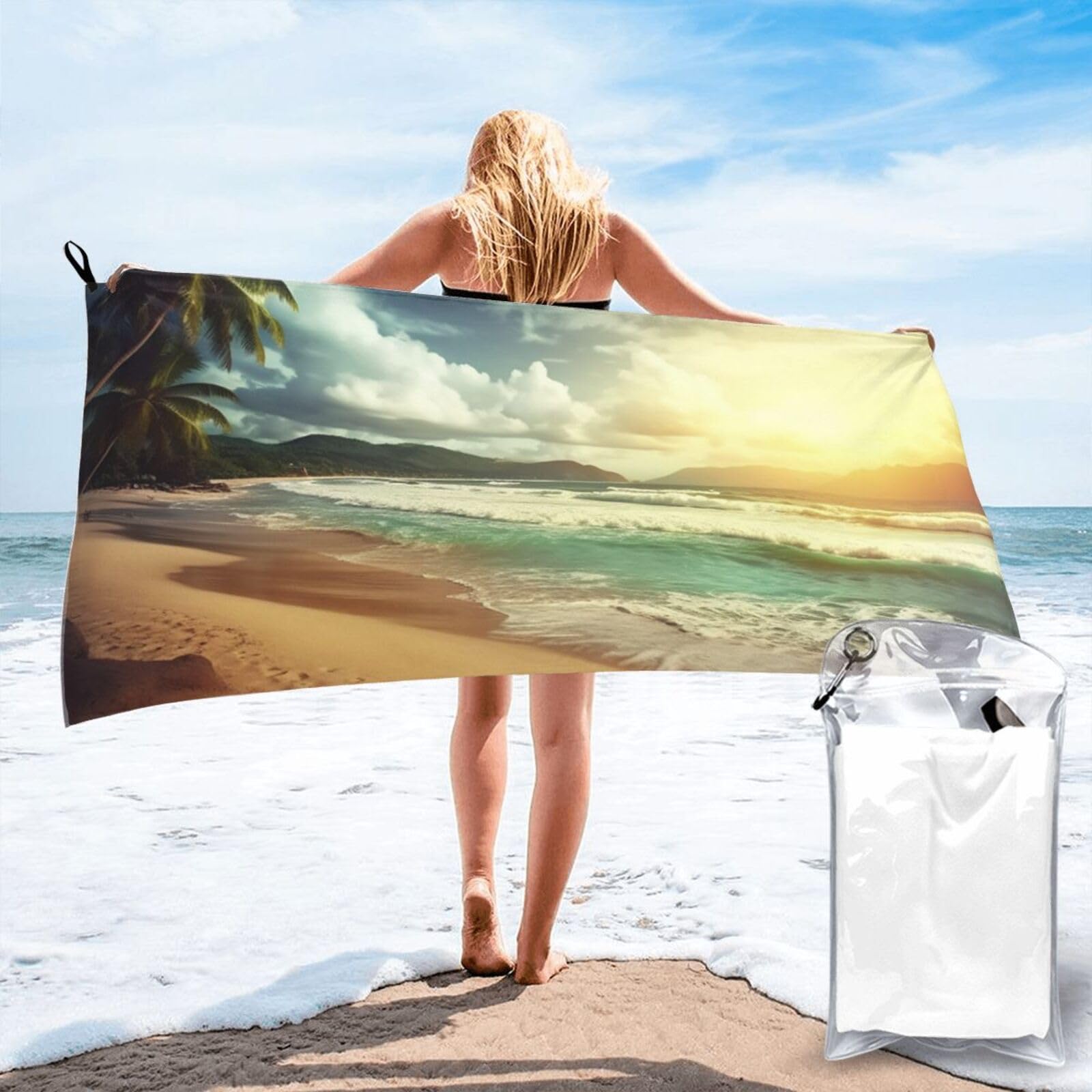DWVTSLH Microfiber Sand Free Beach Towel 31.5"x63", Quick Dry Absorbent Travel Towel Large Camping Blanket, Sunset on The Beach Bath Towels Lightweight Pool Swim Towels for Vacation Essentials