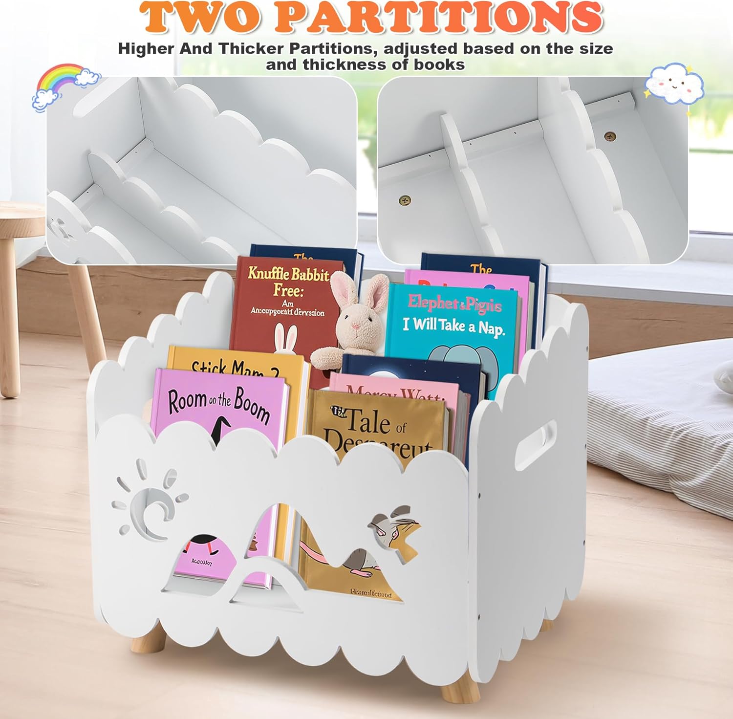 Calmbee Wooden Kids Bookshelf with 2 Adjustable Dividers, Montessori Bookshelf with Animal Carvings for Nursey Room Classroom Playroom, Toy Storage Oragnzier, for Your Baby´s Bedroom, White - Image 3