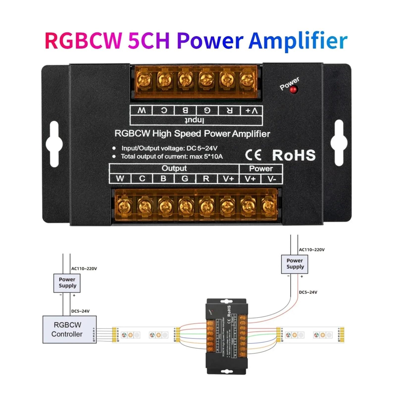 Controlador de amplificador de potencia LED RGBCCT 5 en 1 de alta velocidad máx. 50A 1200W adecuado for DIM CCT RGB RGB FCOB 3528 5050 tira de luces LED DC5-24V