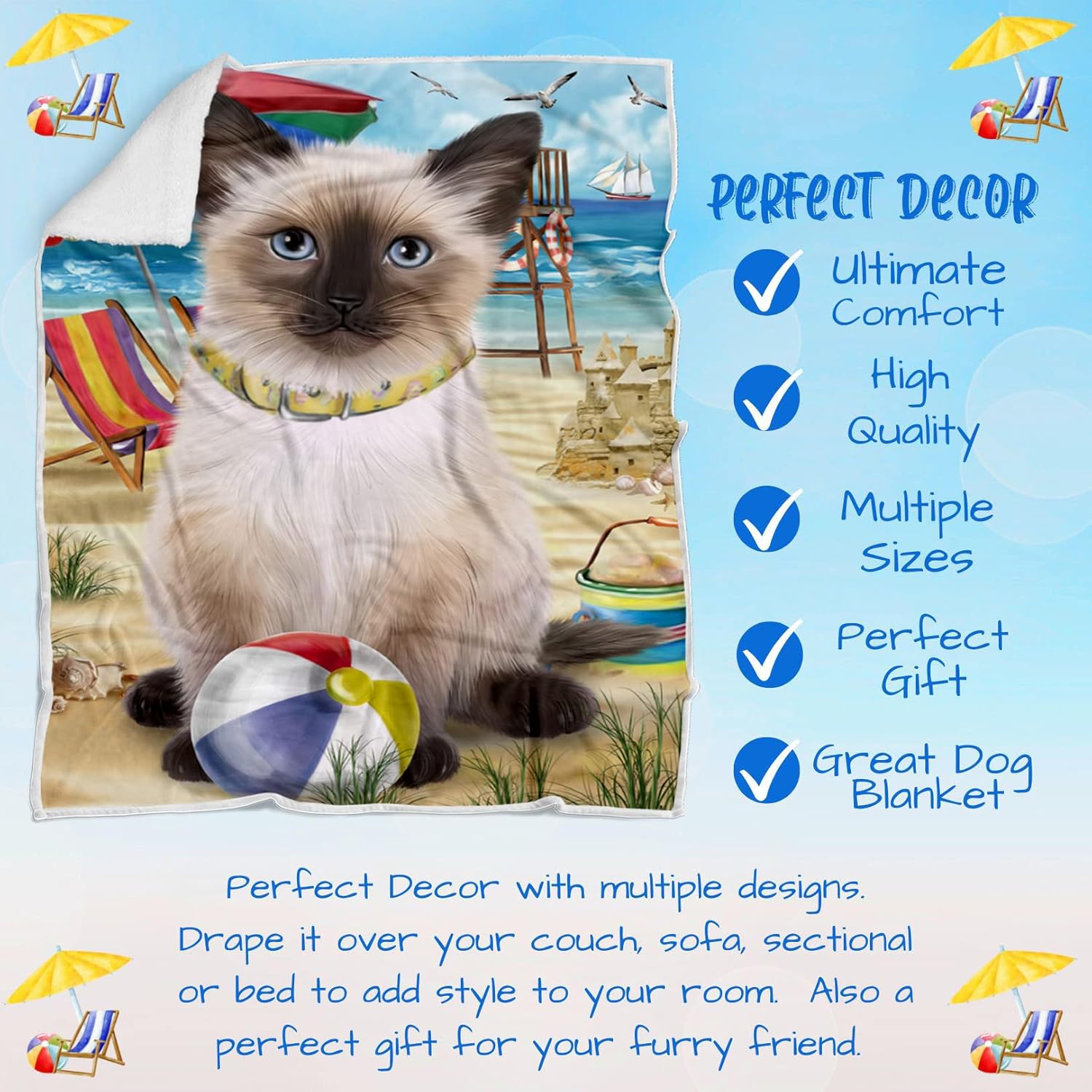 Pet Friendly Beach Siamese Cat Blanket - Lightweight Super Soft Cozy and Durable Bed Blanket - Animal Theme Fuzzy Blanket for Sofa Bed Couch BLNKT56841 (30x40 Fleece)