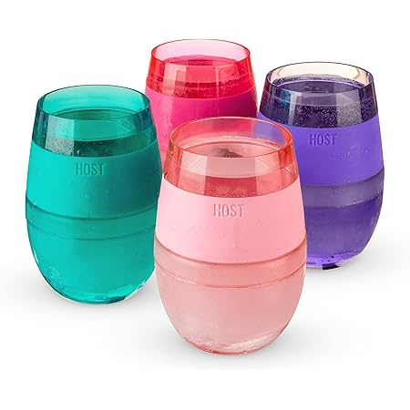 HOST Cooling Cup Set of 4 Double Wall Insulated Freezable Drink Chilling Tumbler with Freezing Gel, Glasses for Red and White Wine, 8.5 oz, Assorted Translucent Colors