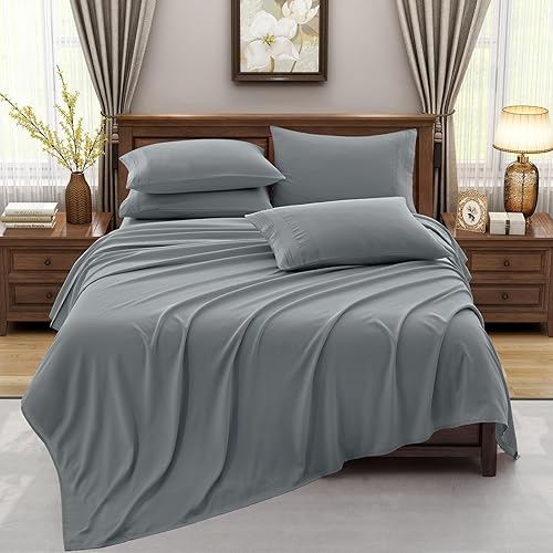 Miniatura 2 de TREELY Juego de sábanas grises tamaño Queen, 6 piezas de microfibra cepillada, sábana bajera ajustable de 16 pulgadas de profundidad tamaño Queen,