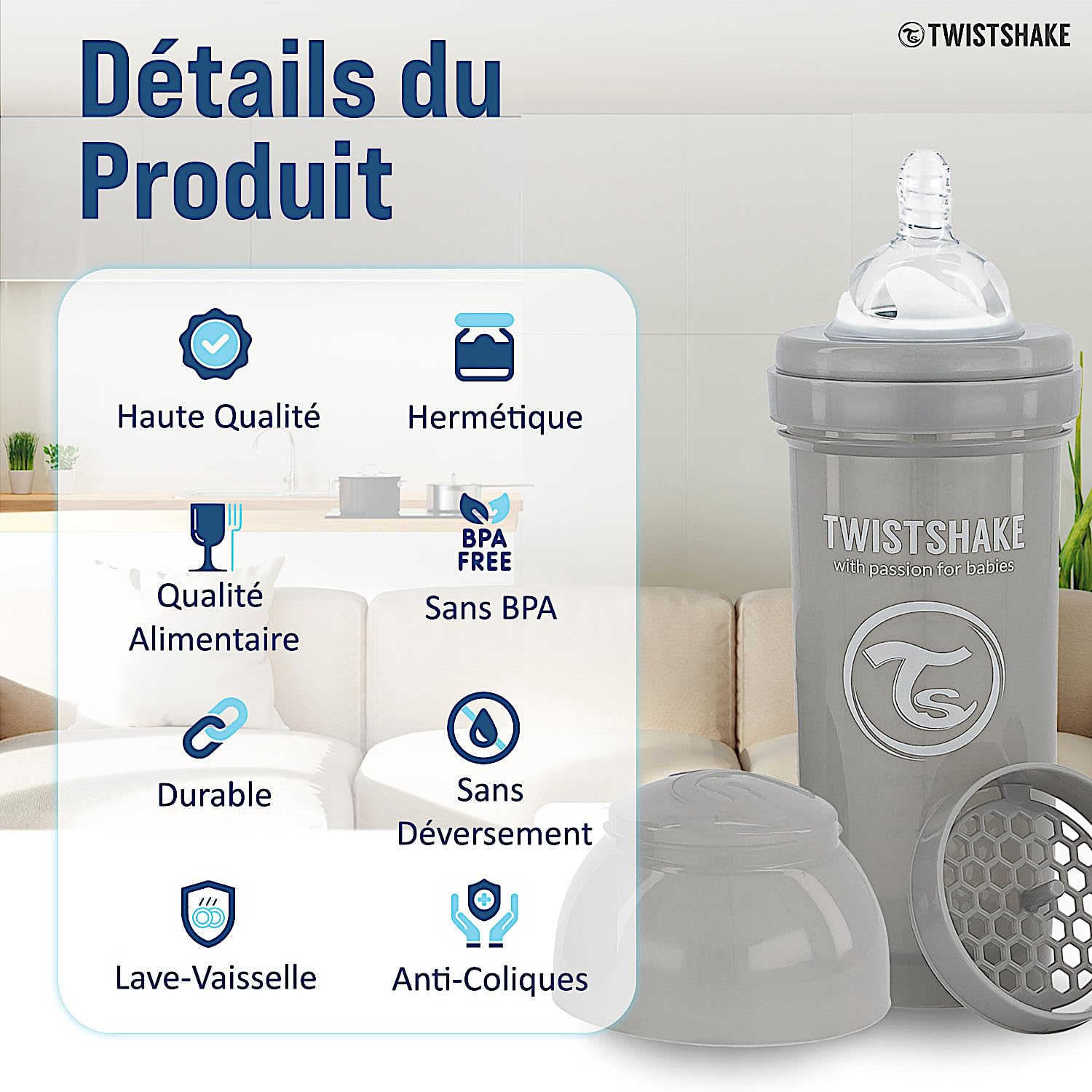 Twistshake Anti-Kolik-Babyflaschenset für Neugeborene mit Milchpulverbehälter und Mixer – 9-teilig | 4 x Milchflaschen – 2 x Schnuller – 2 x Sauger – 1 x Flaschenbürste | BPA-frei | 0m+ | Rosa Grau