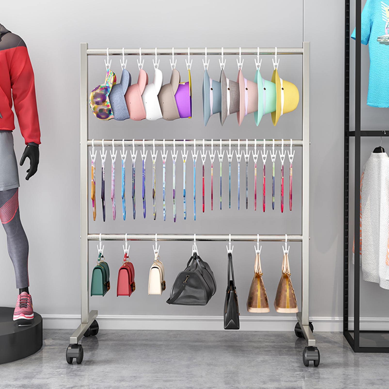 YNBSHGAA Freestanding Hat Rack Stand Retail Display Rack, Floor Standing Mobile Merchandising Rack, Multifunctional Garment Rack Pants Hanger Towel Storage Station, Underwear disp,Silvery