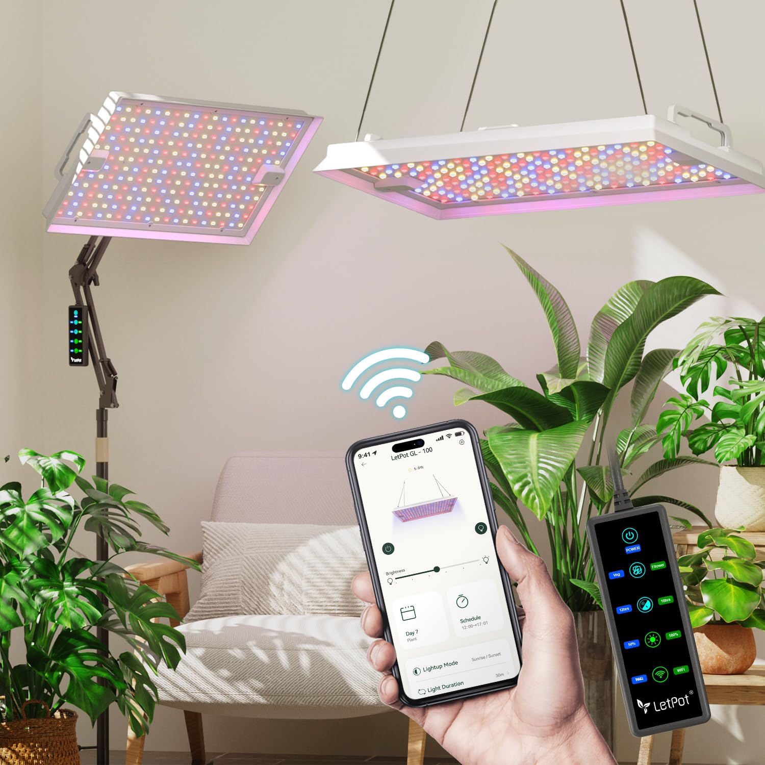 LETPOT 100 Watt (Max 120W Output) Grow Lights for Indoor Plants Full Spectrum, Smart APP, 8-Level Adjustable Light, Hangin
