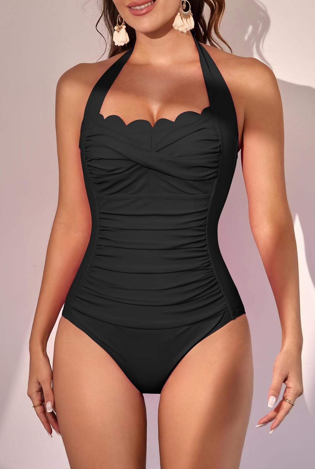 Eomenie Women One Piece Tummy Control Swimsuit Halter Scallop Trim Bathing Suits 1 Piece Vintage Ruched Slimming Swimwear - Image 5
