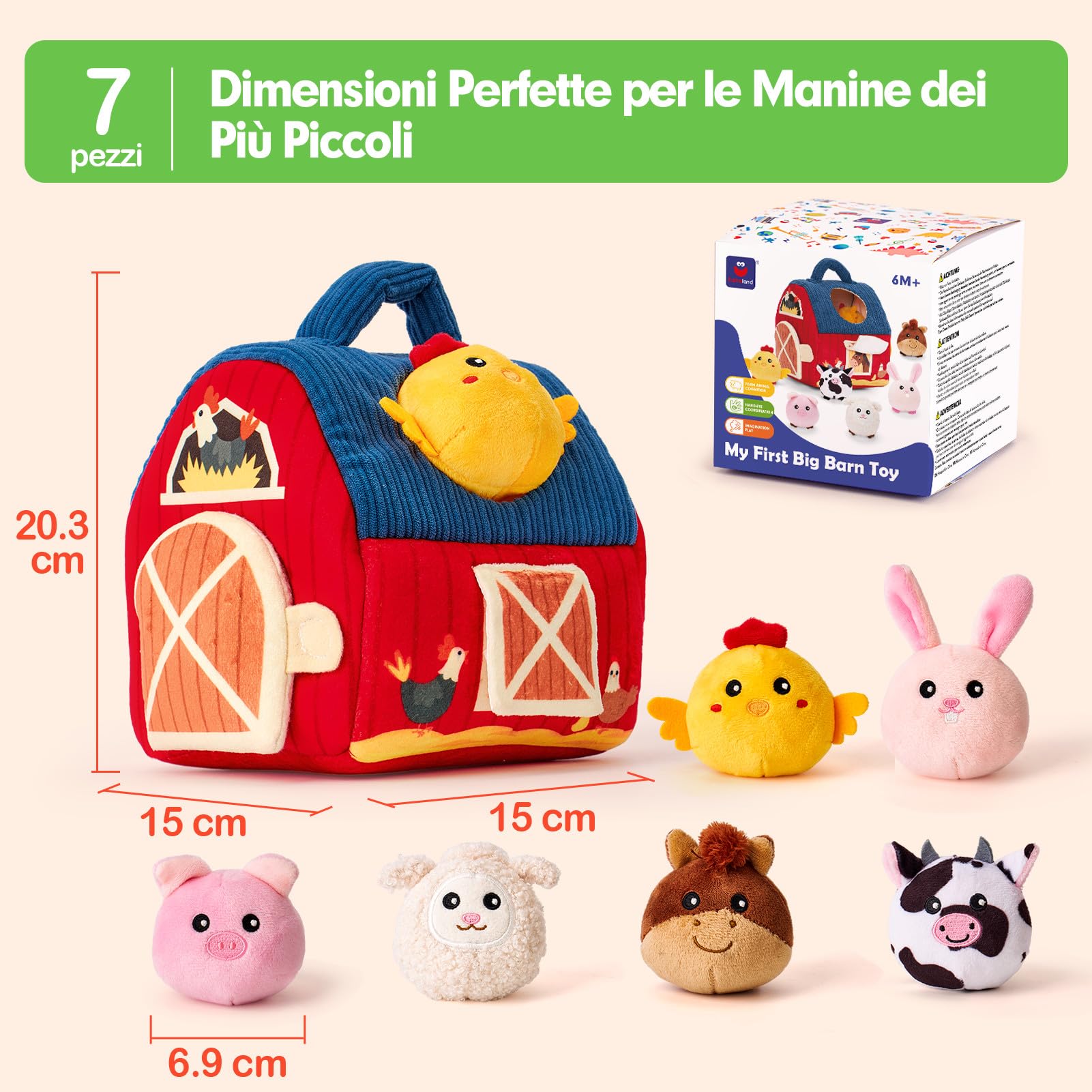 hahaland Giochi Bambino 1 Anno Montessori - Casa Morbida Montessori 6-12 Mesi Animali da Fattoria con Fienile/Sonaglio/Specchio, Gioco Bambino Sensoriale Regalo Bimbo Bimba 1 Anno