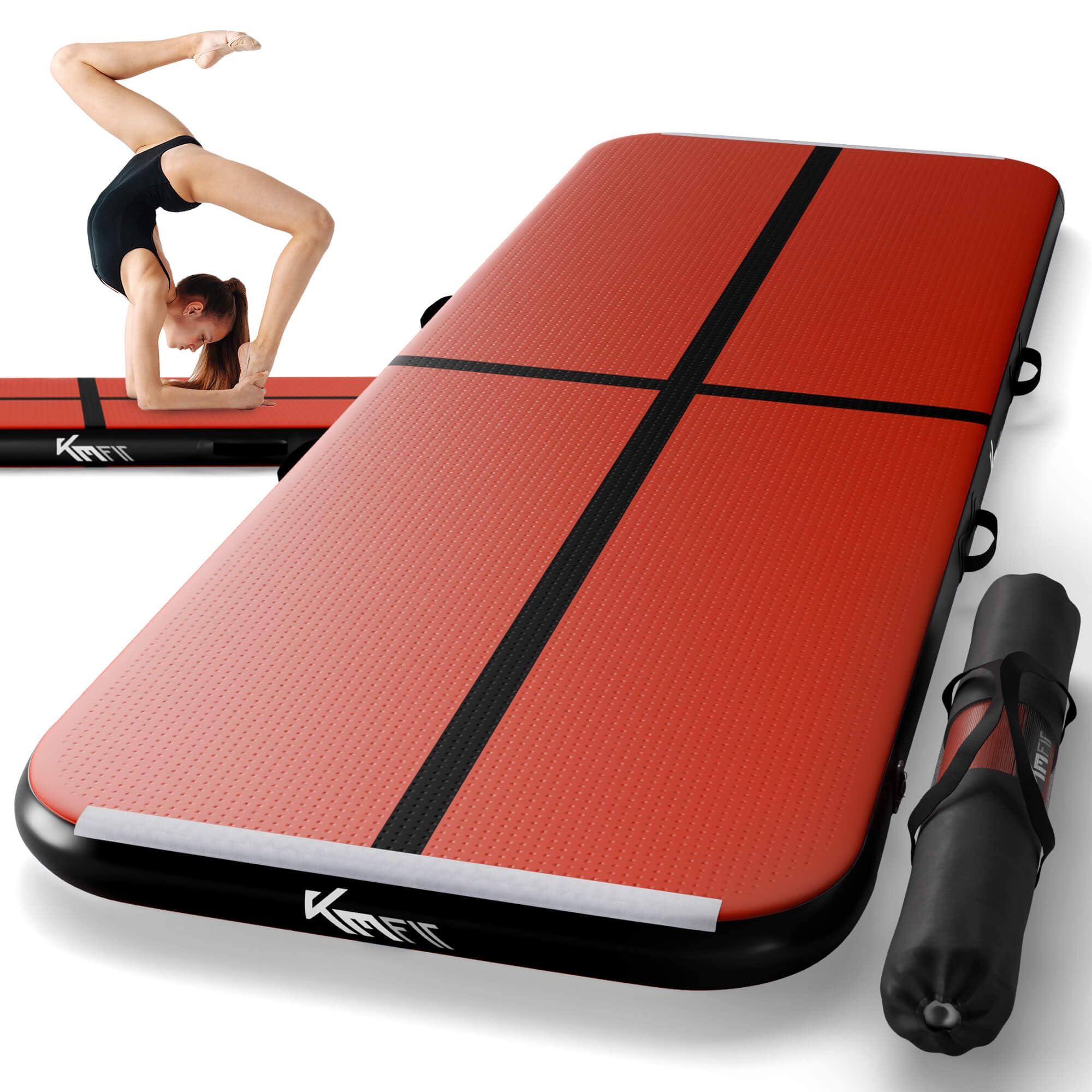 KM KM Fit Turnmatte Aufblasbar Airtrack Gymnastikmatte 4M Tumbling Matte Fitness-Matte inkl.Tragetasche, elektr.Luftpumpe&Flick-Set Yogamatte, Trainingsmatte UV-Beständig Turn- & Fitness