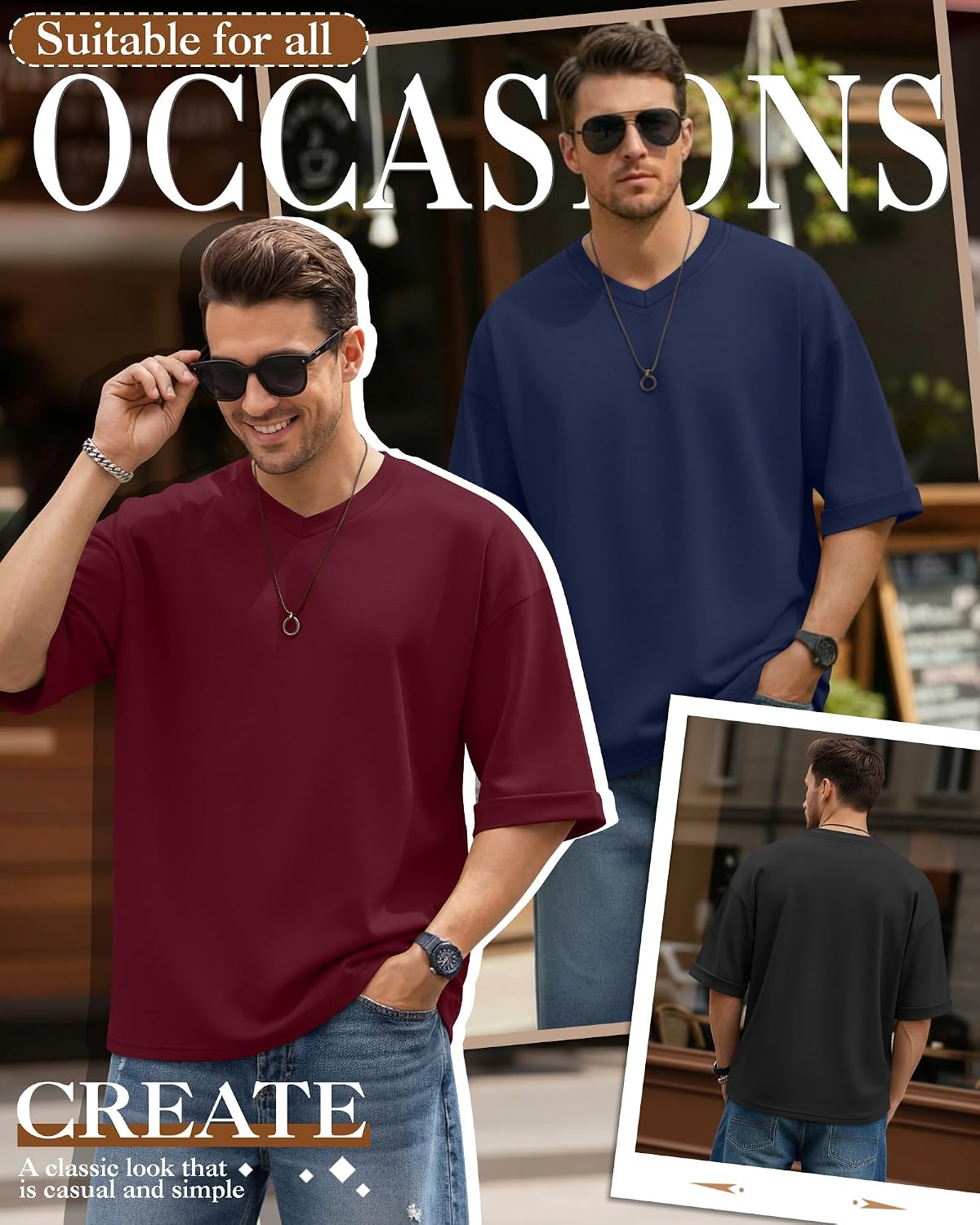 3 Pack Men's Oversized T-Shirts Short Sleeve Loose Fit Tops Casual V Neck Rolled Sleeve Tee Solid Basic Tshirt