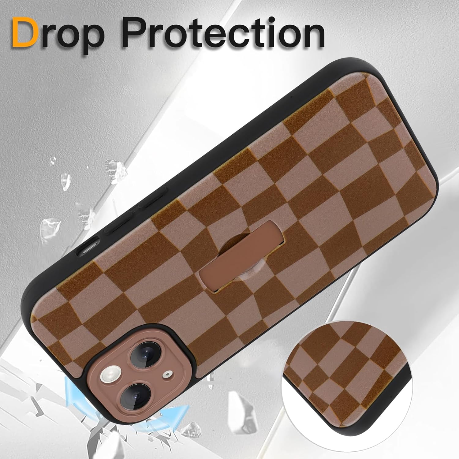SOKAD for iPhone 13 Case with Finger Strap Kickstand, Cute Checkered Checkerboard Phone Case with Finger Hand for Women Men, Slim Full Camera Protection Shockproof Case Cover, Brown - Image 4