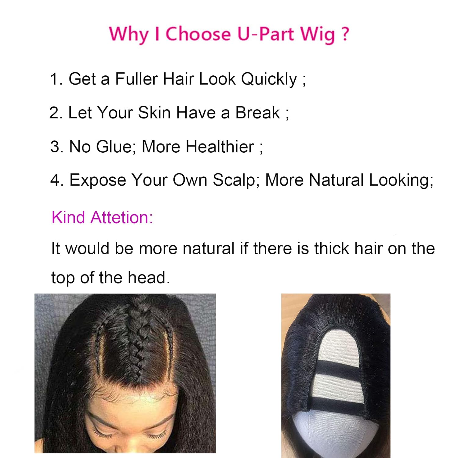 U Part Wig Human Hair Wigs Kinky Straight Half Wigs for Black Women Brazilian Hair Gluessless Wigs 12 inches Natual Colour