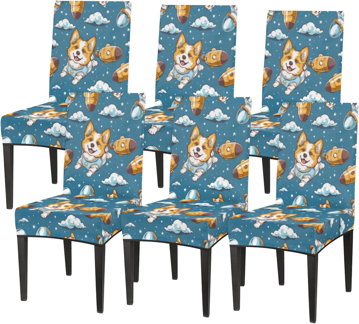 QsirBC Star Dog Spaceship Stretch Dining Room Chair Covers Set of 4 Chair Slipcovers Removable Washable Kitchen Seat Covers Chair Protectors for Hotel Party Wedding
